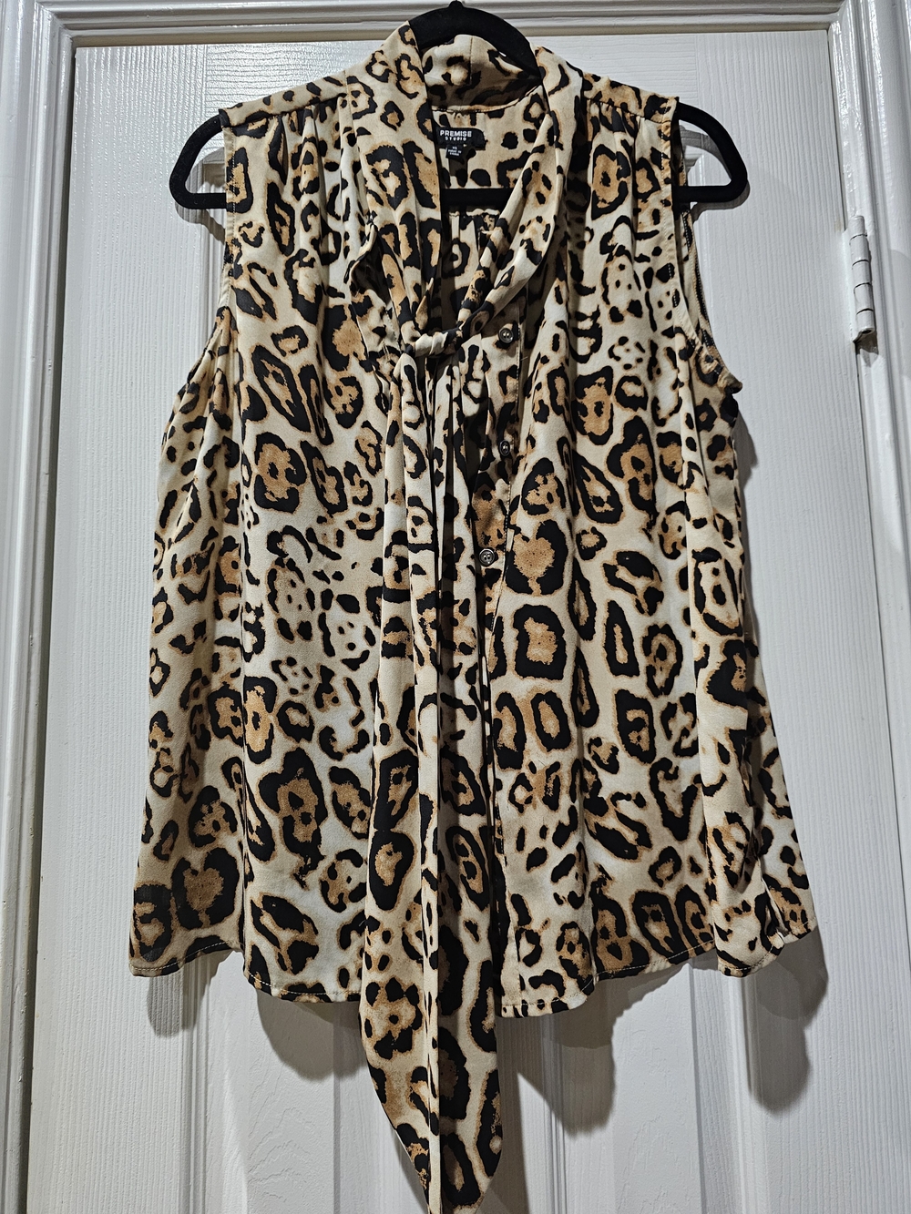 Gorgeous Premise Leopard-Print Sleeveless Tie-Neck Blouse - Cream, Black, Brown